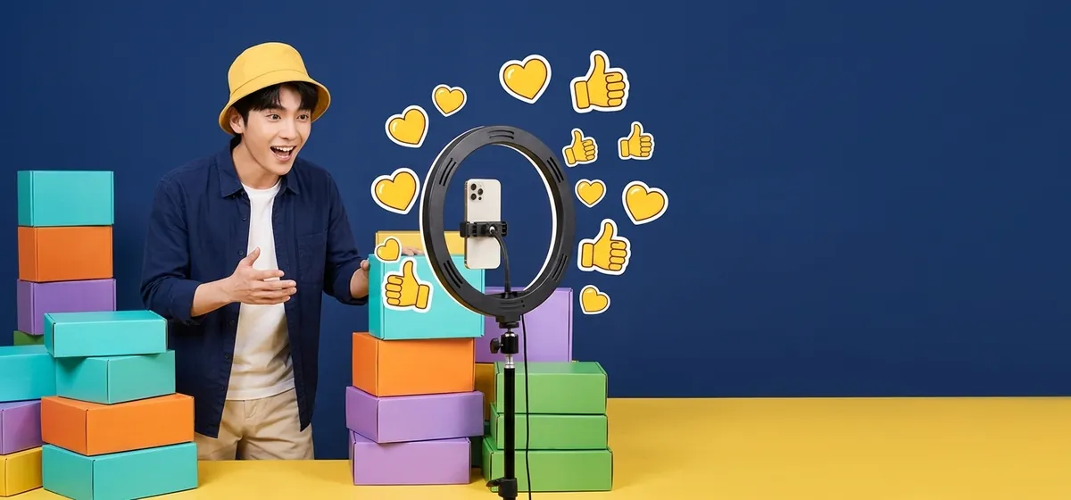 Seller livestreaming to a phone on a ring light / 主播对着补光灯手机直播